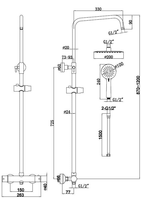 Thermostatic Shower Mixer with Round 200mm Rainfall Head - Highlife Spey Series