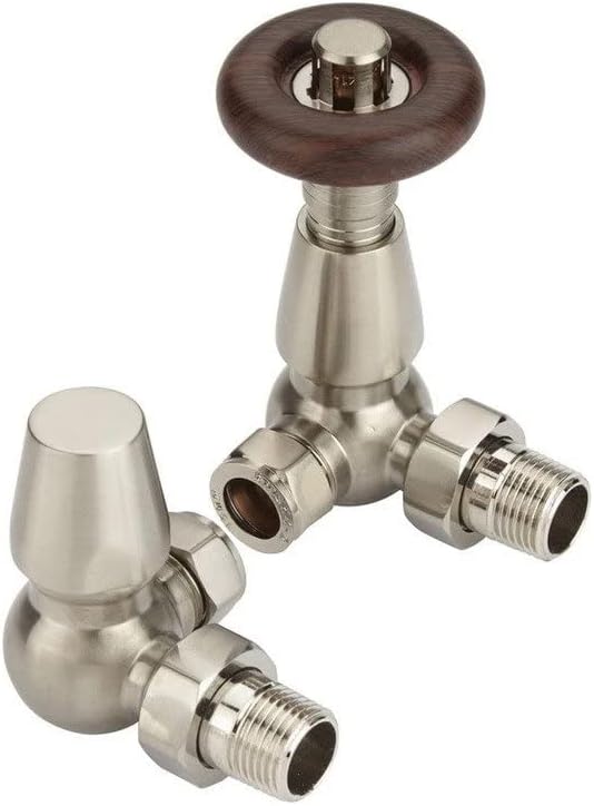 Excel Home Thermostatic Corner Radiator Valves - Traditional Design 1/2" x 15mm Metal Head Radiator Valves (Satin Nickel)