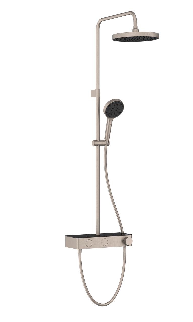 Brushed silver round shower system with overhead showerhead and handheld sprayer