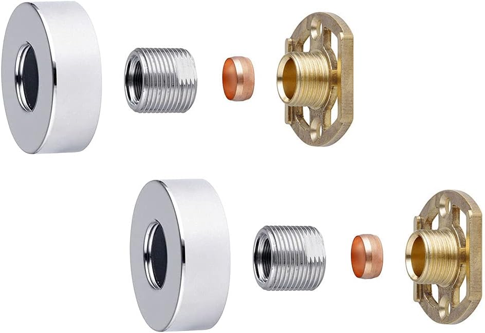 Round shower valve mounting plate set with chrome cover, threaded connectors, and brass parts