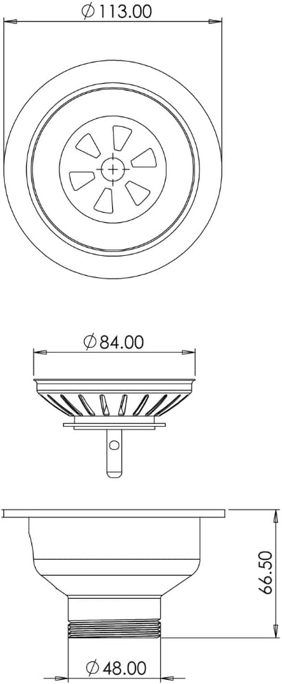 Sink strainer dimensions diagram with circular perforated basket