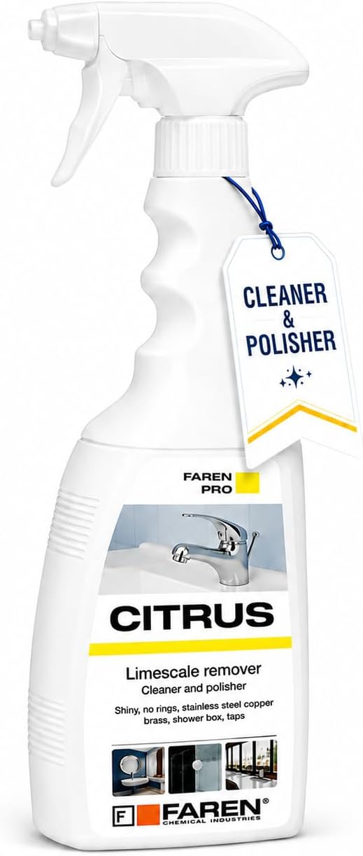 FAREN Citrus Limescale Remover Anti-Scale Cleaner Shower Glass Descaler Multi Surface Cleaner for Ceramic Steel Brass Copper Anti Fog Shine Spray Natural Citric Acid (750ml)