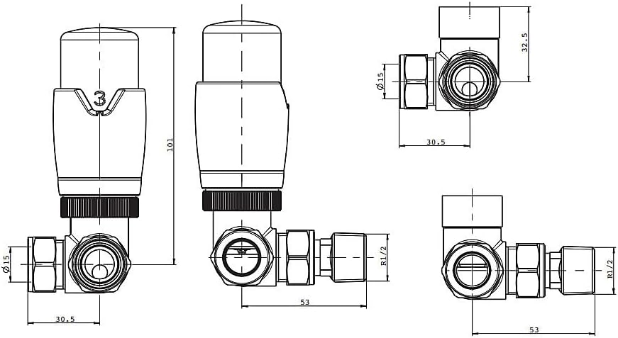 Thermostatic Modern Radiator Valves & Lockshield – Angled 1/2" x 15mm | Brushed Bronze