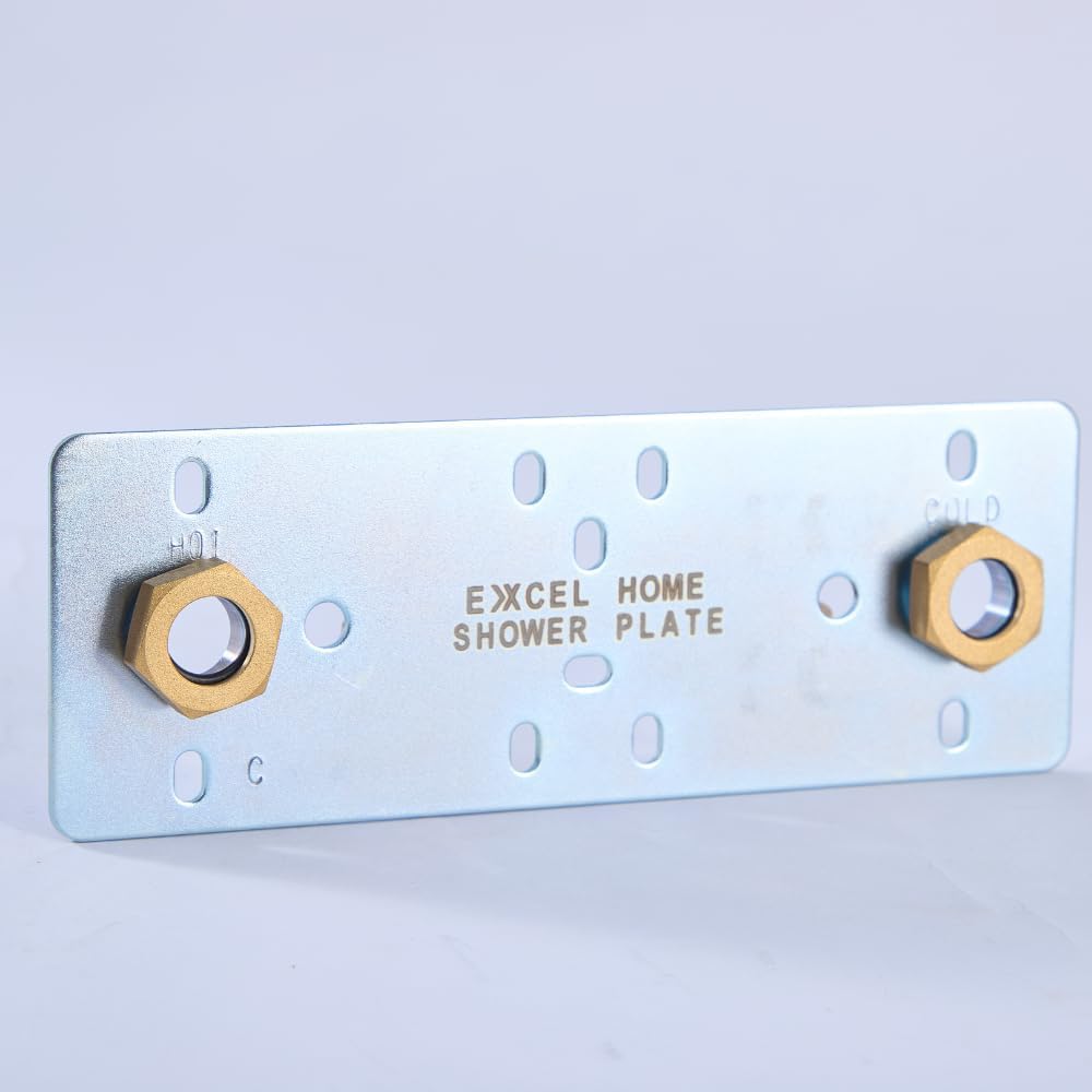 Shower fixing plate with hot and cold ports and gold-toned brass connector nuts