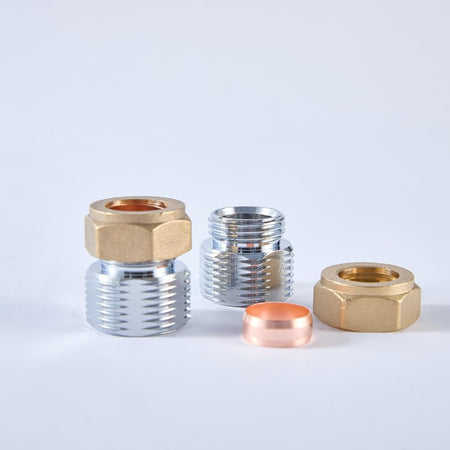 Shower fixing plate connectors set: chrome and brass fittings with sealing insert