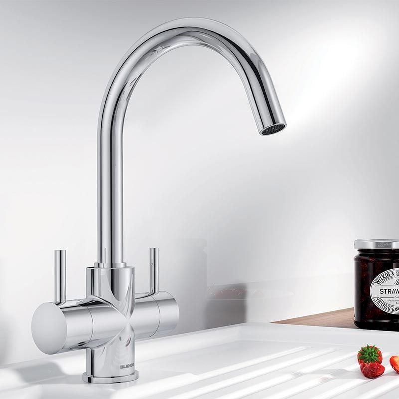 Blanco CAMIA Twin Lever High C-Shaped Spout Kitchen Mixer Tap - Chrome - Free Next Day Delivery