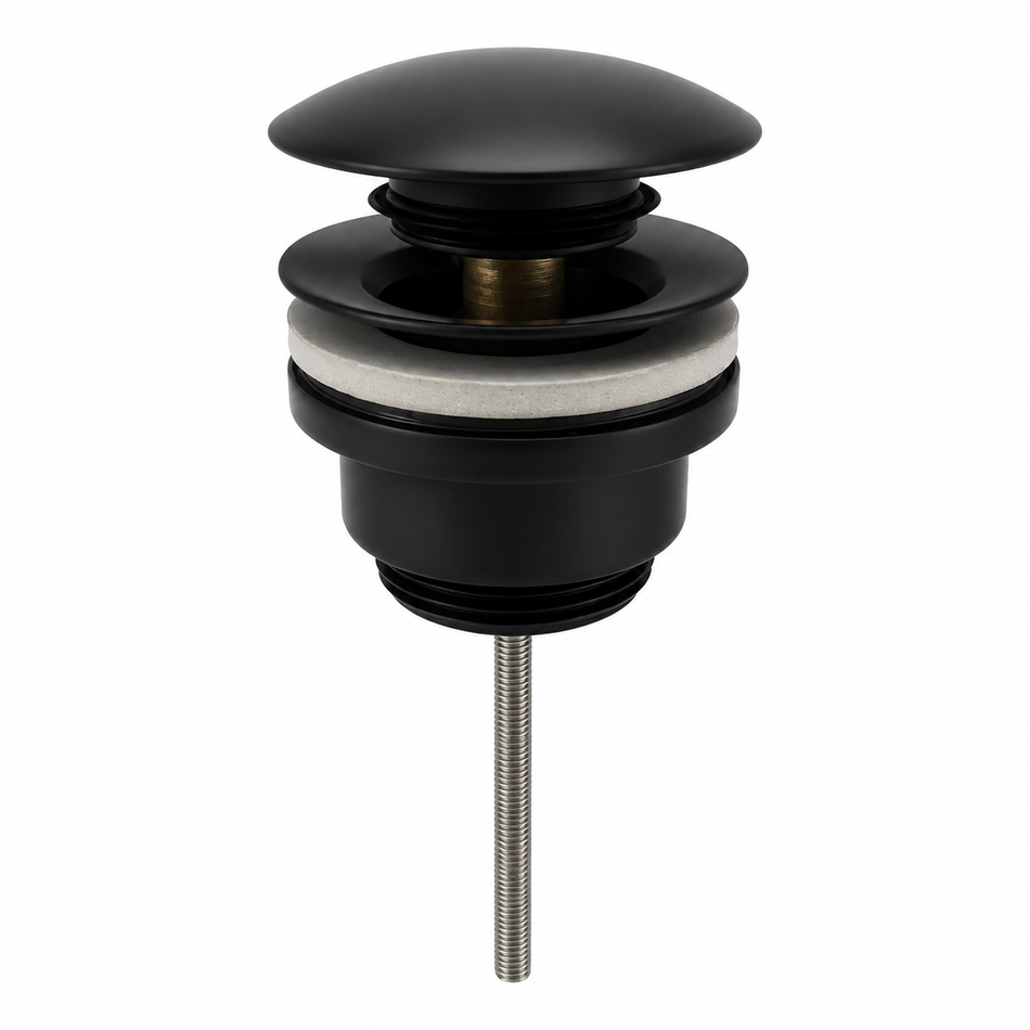 Matt black push-button basin waste pop-up drain with threaded connection