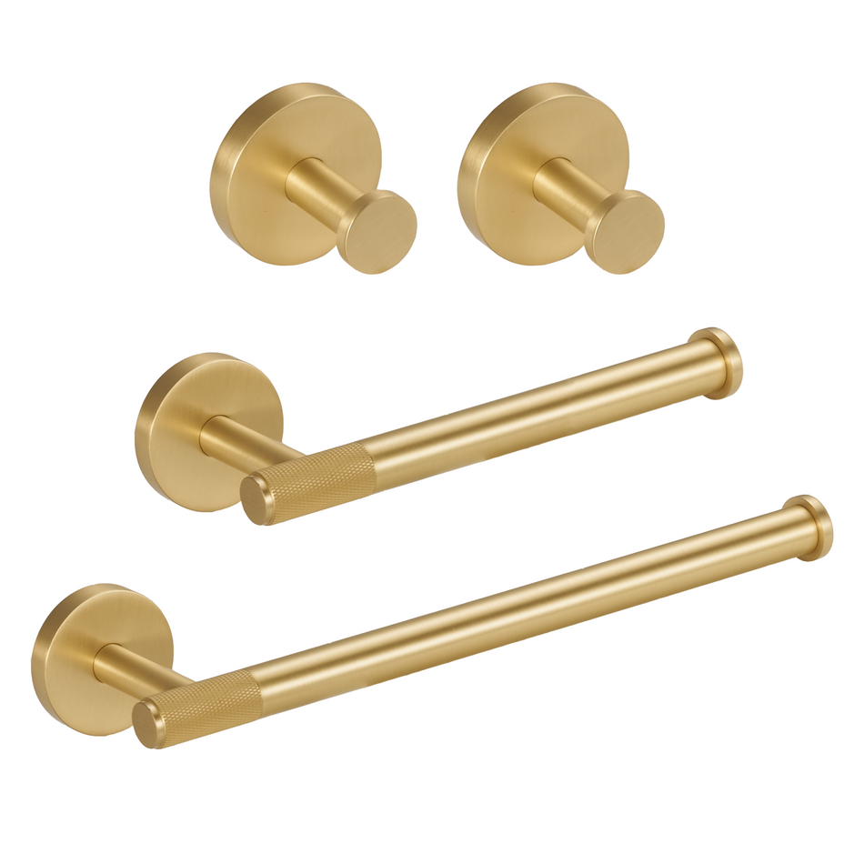Luxury Bathroom Accessories Set, Toilet Roll Holder, Towel Ring, & Hooks in Elegant Brushed Brass Finish
