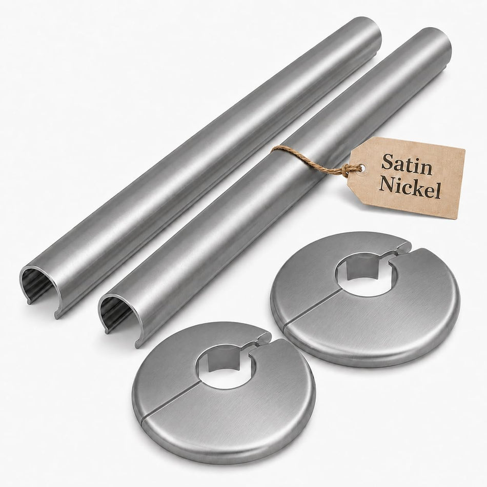 Satin Brushed Nickel Radiator Pipe Covers & Collars 15mm x 200mm Length | 2 Pack Clip-On Metal Pipe Sleeves for Radiator Pipes