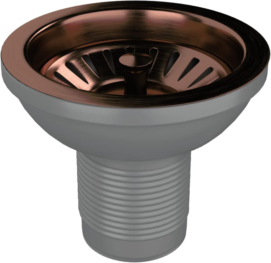 Kitchen sink waste strainer with round copper drain cover and threaded outlet body