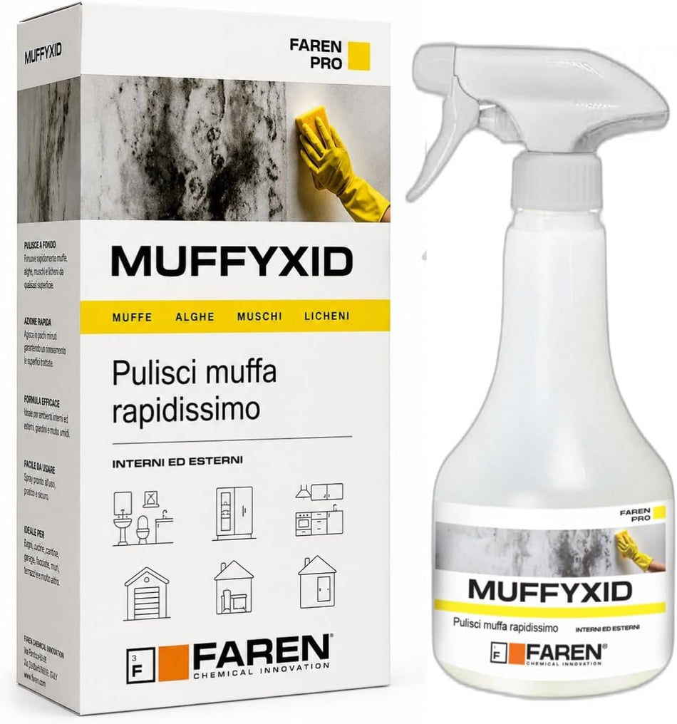 Trigger-spray mold remover bottle with yellow glove graphic and white label