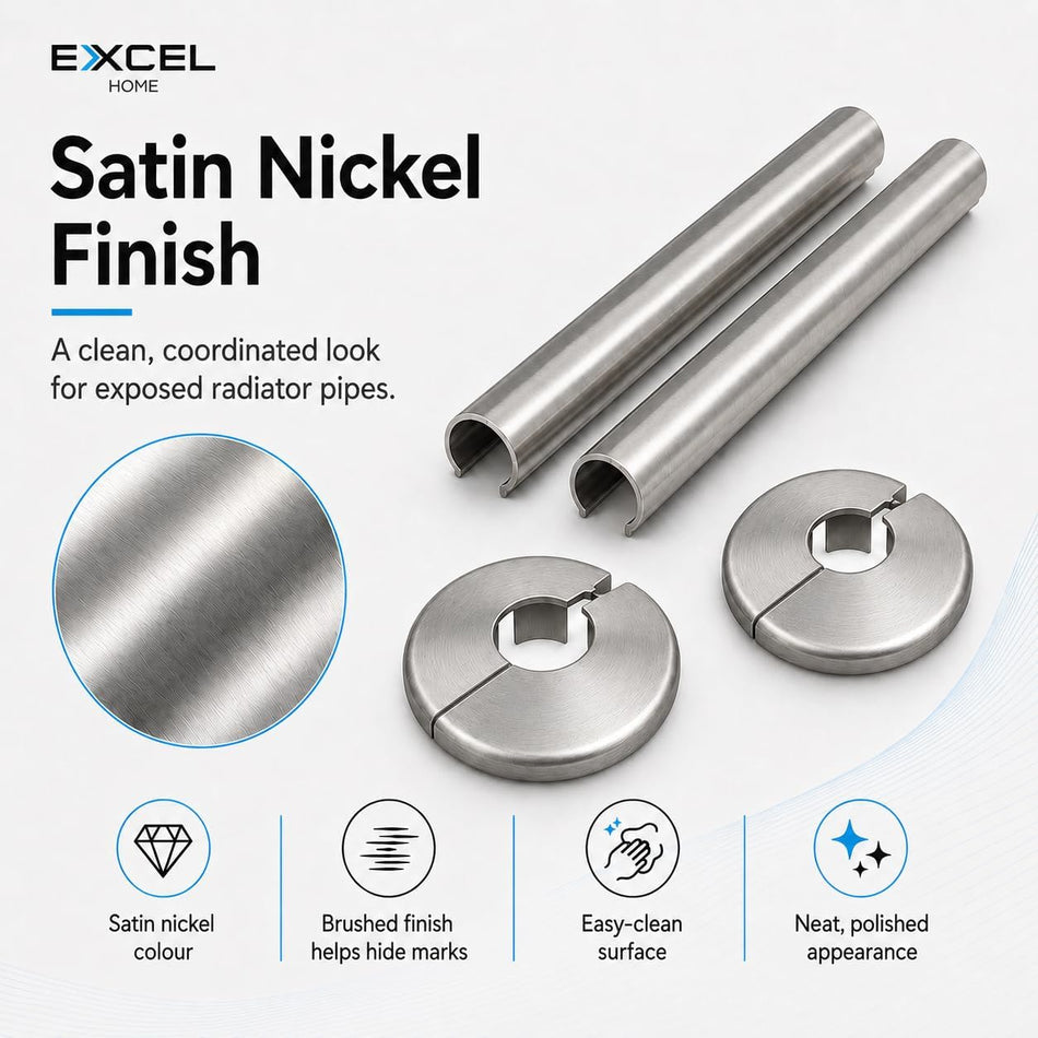 Satin Brushed Nickel Radiator Pipe Covers & Collars 15mm x 200mm Length | 2 Pack Clip-On Metal Pipe Sleeves for Radiator Pipes