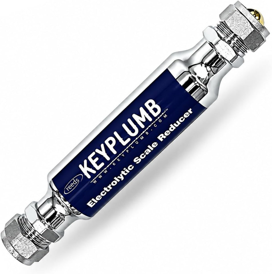 Nickel-plated inline electrolytic scale reducer with 15mm compression fittings.