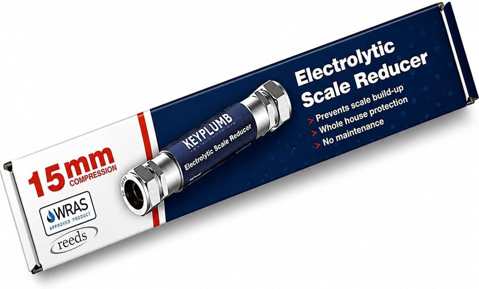 15mm compression inline scale reducer in retail box packaging, nickel plated.