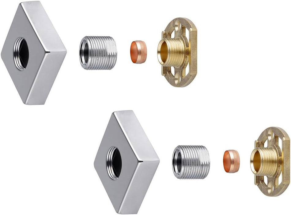 Square thermostatic shower mixer valve fitting kit with square plate, brass and threaded parts