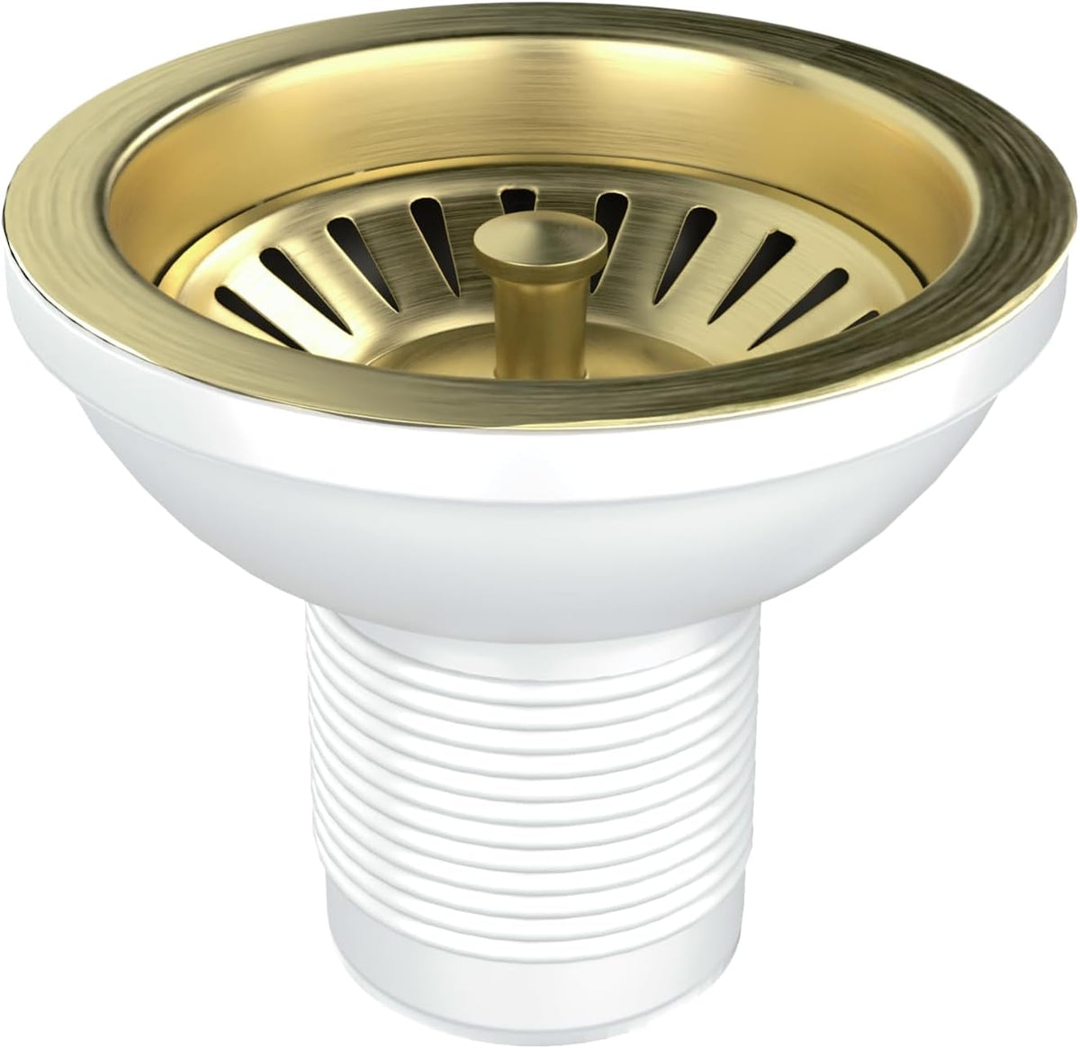 Sink waste strainer with brass-gold basket and white ribbed pipe body