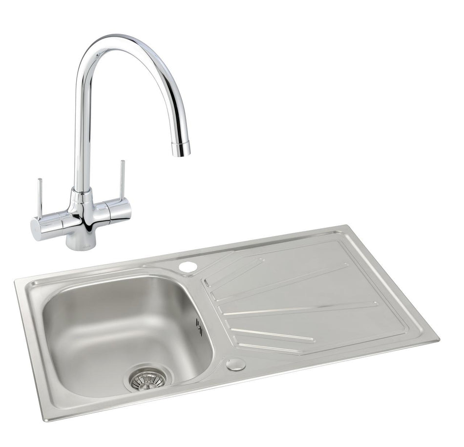 Stainless steel 1-bowl inset sink with integrated draining grooves and tap holes