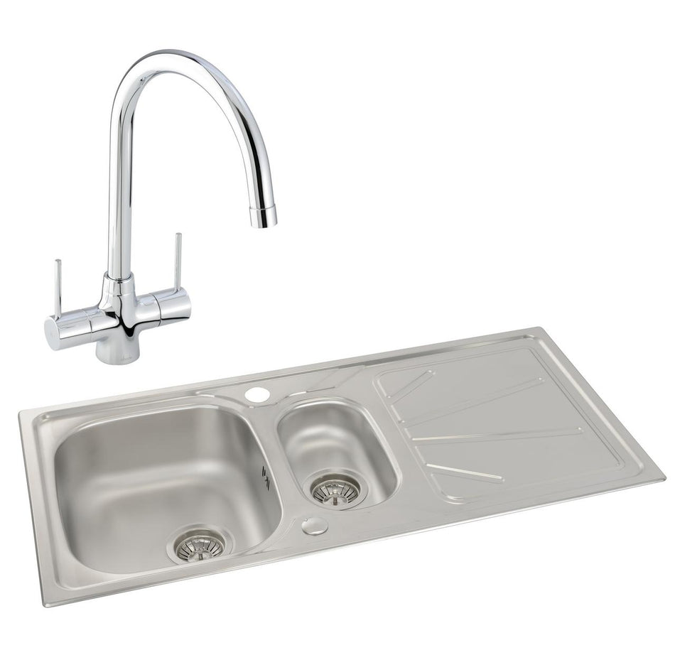 Stainless steel inset sink with double bowls, central drain, and chrome mixer tap