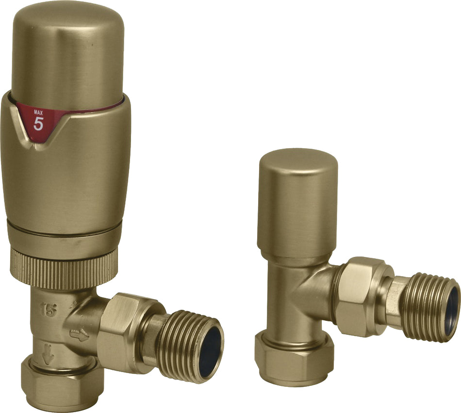 Thermostatic Radiator Valves and Angled Lockshield Valve - 1/2" x 15mm Angled Radiator Valves Brushed Brass