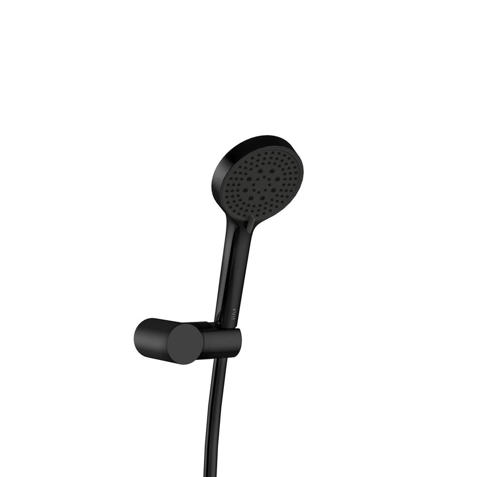 Matt black round hand shower head with spray holes and hose connection bracket