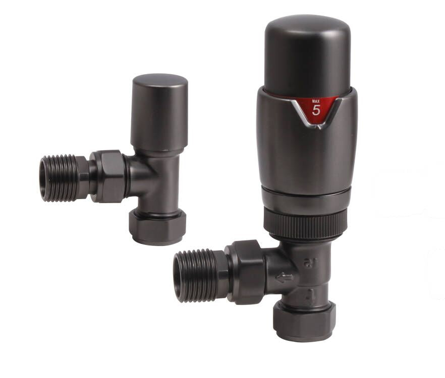 Thermostatic Radiator Valves and Angled Lockshield Valve - 1/2" x 15mm Angled Radiator Valves Gunmetal