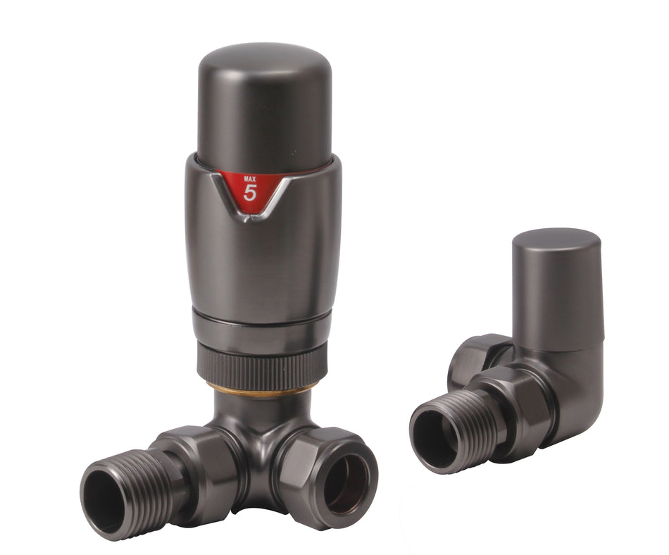 Thermostatic Modern Radiator Valves & Lockshield – Angled 1/2" x 15mm | Gun Metal