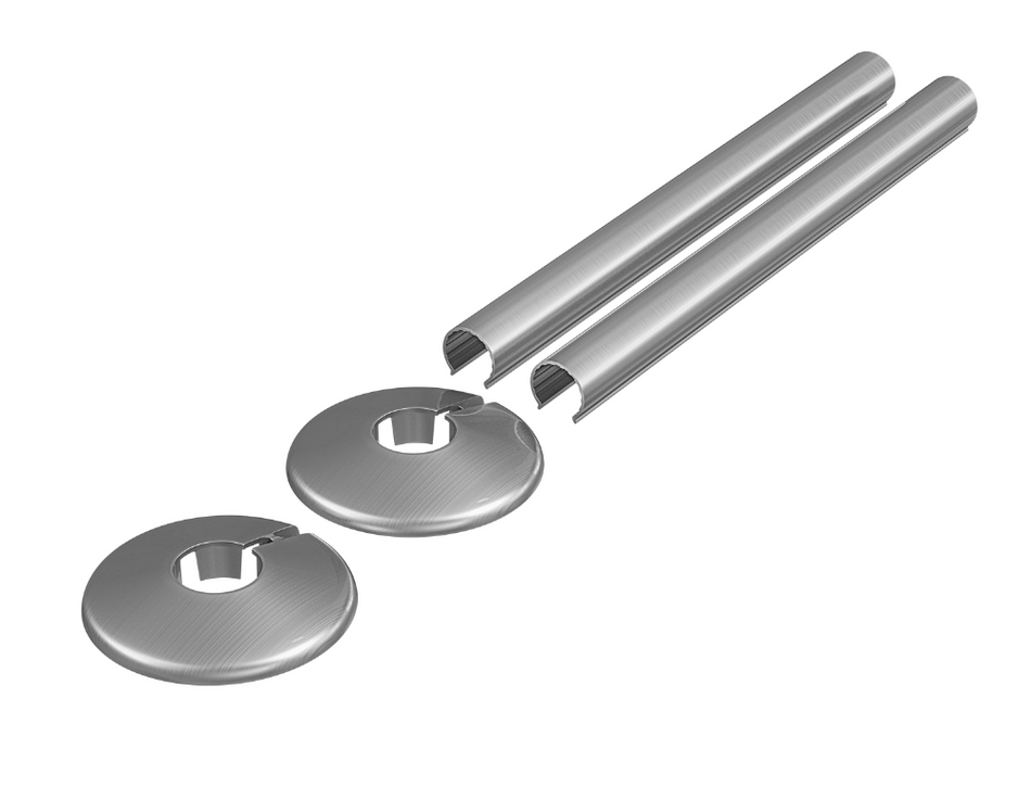 Satin Brushed Nickel Radiator Pipe Covers & Collars 15mm x 200mm Length | 2 Pack Clip-On Metal Pipe Sleeves for Radiator Pipes