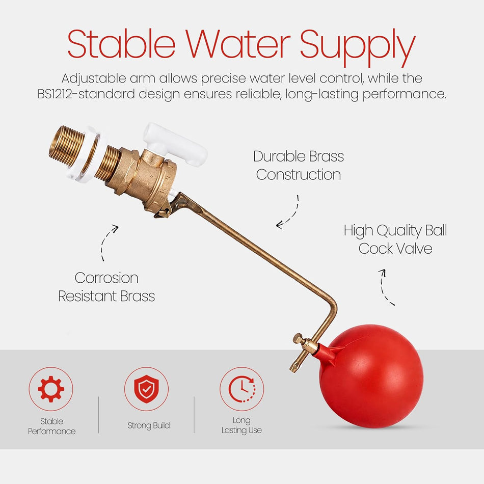Adjustable 1/2" Part 2 Ball-Cock Float Valve with Ball for Toilet Cisterns & Water Tanks
