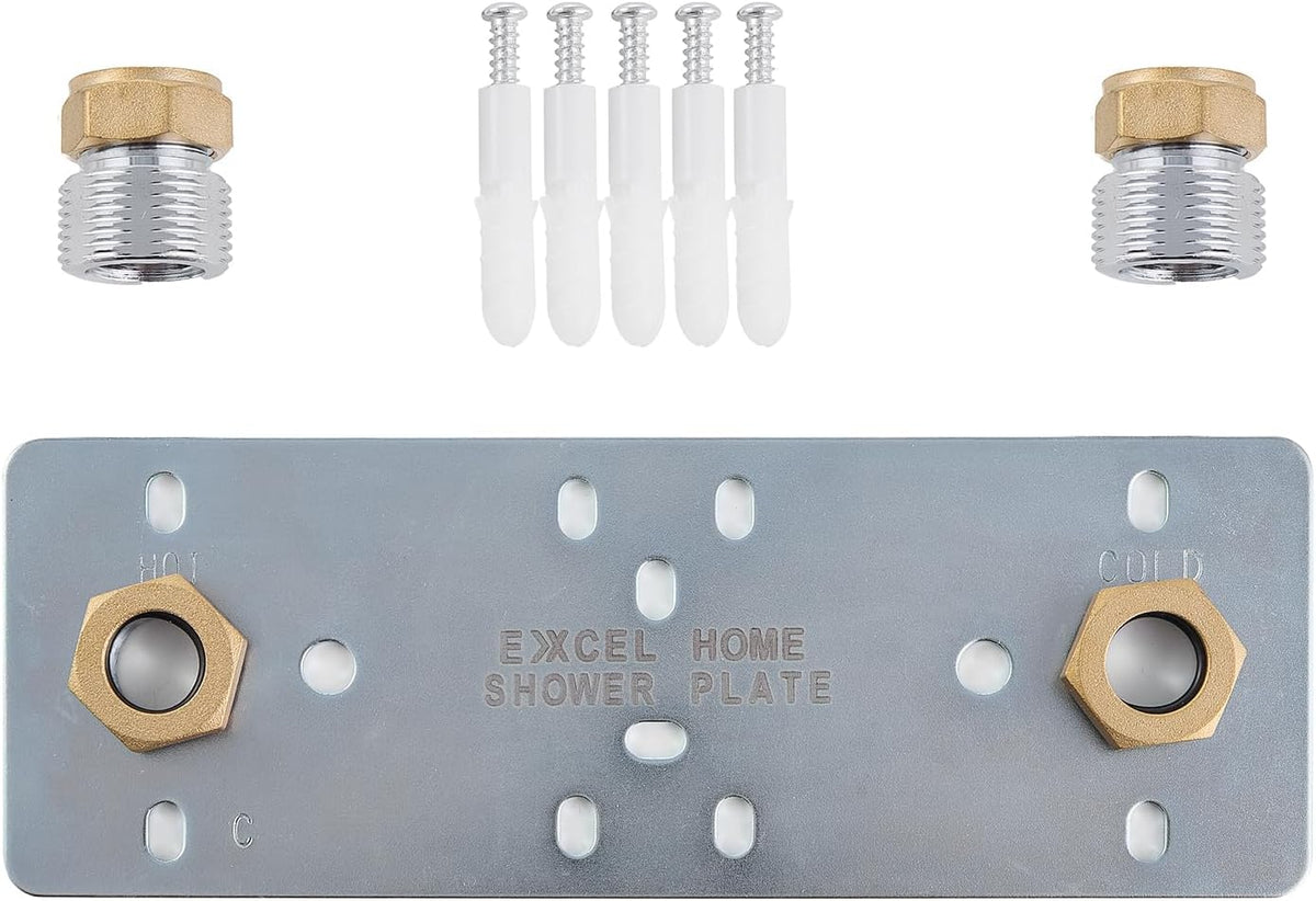 Shower fixing plate with gold-toned brass nuts, white guides, and multiple mounting holes