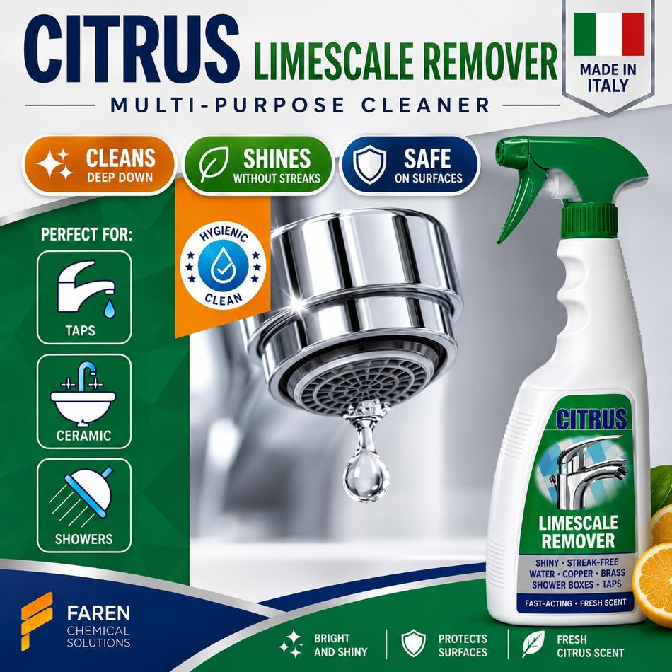FAREN Citrus Limescale Remover Anti-Scale Cleaner Shower Glass Descaler Multi Surface Cleaner for Ceramic Steel Brass Copper Anti Fog Shine Spray Natural Citric Acid (750ml)