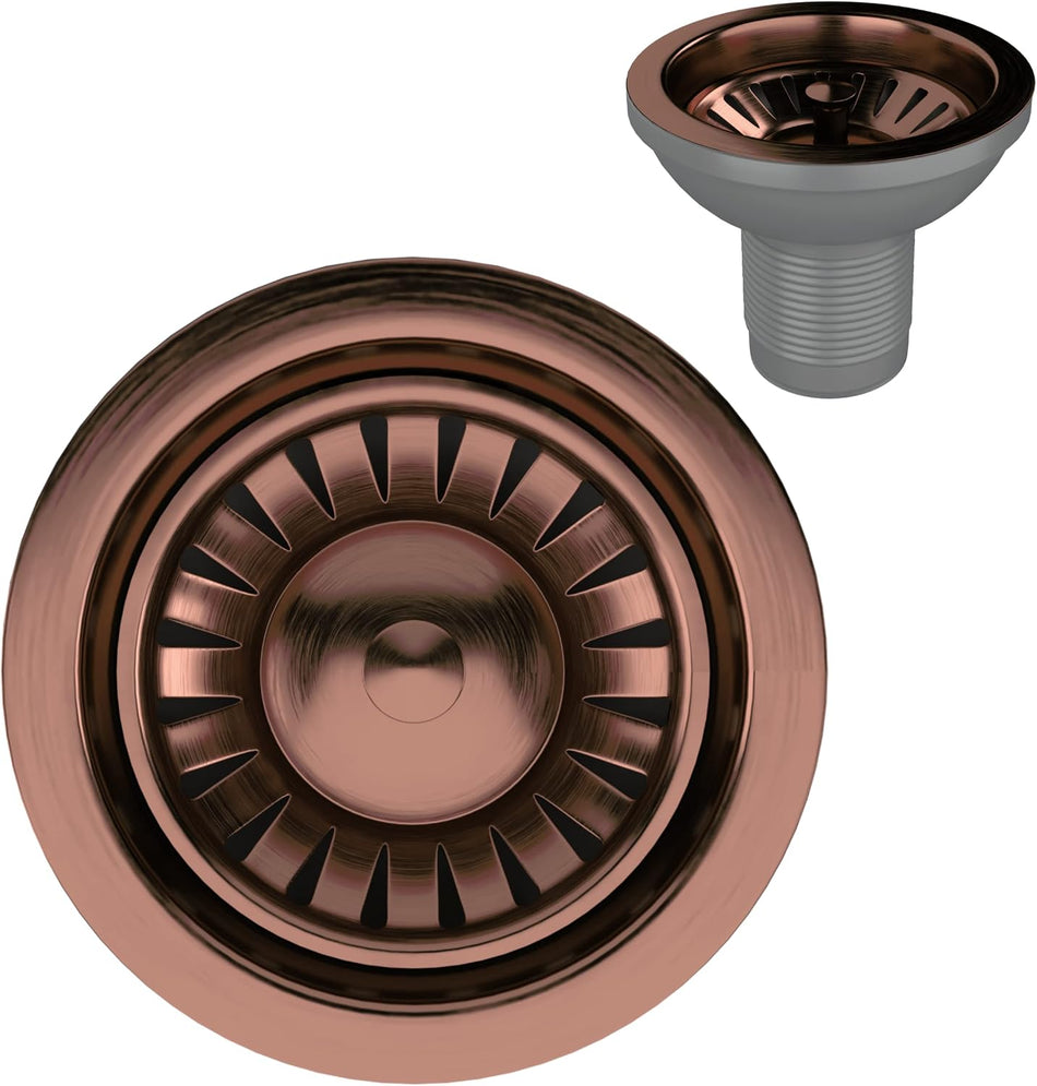 Kitchen sink waste strainer with round drain cover, satin copper finish, no overflow