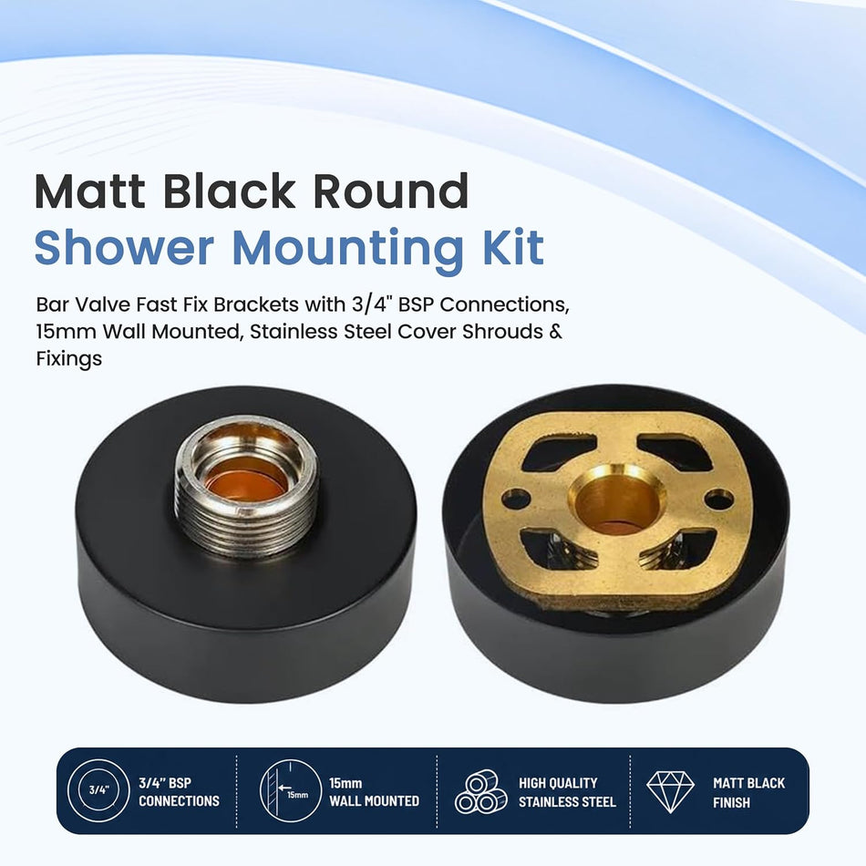 Matt Black Round Shower Mounting Kit – Bar Valve Fixing Kit Brackets with 3/4” BSP Connections