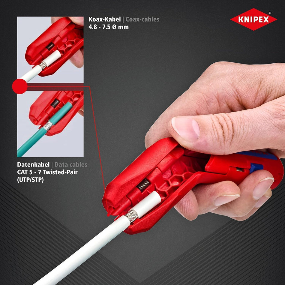 KNIPEX Ergostrip Universal Stripping Tool for Right-Handers, 135 mm, Round Cable, Coax Cables, Data Cables, Wire Stripper