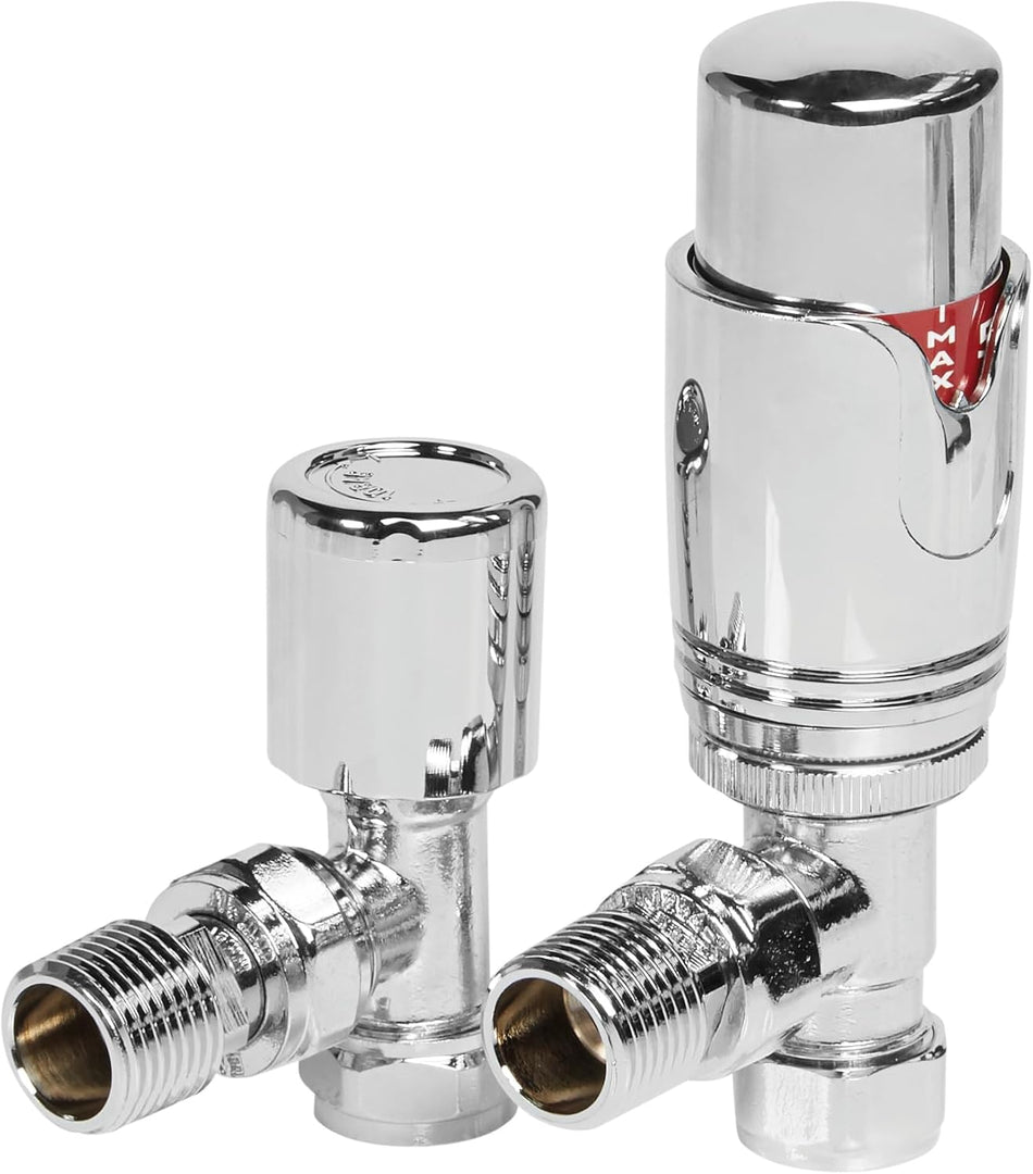 Thermostatic Radiator Valves and Angled Lockshield Valve Chrome - 1/2" x 15mm Angled Radiator Valves Chrome
