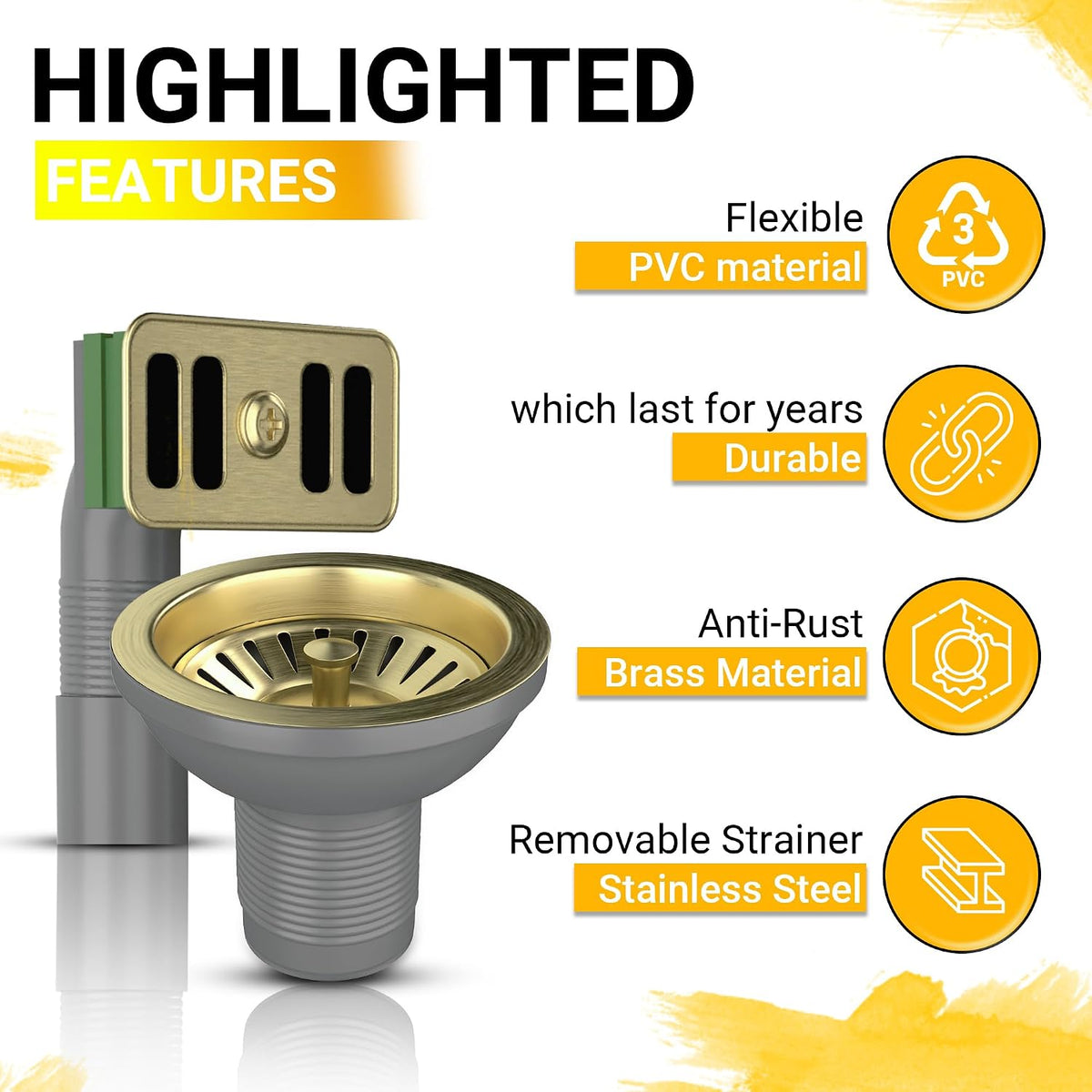 Sink strainer with brass-gold basket, stainless plug, and gray ribbed body