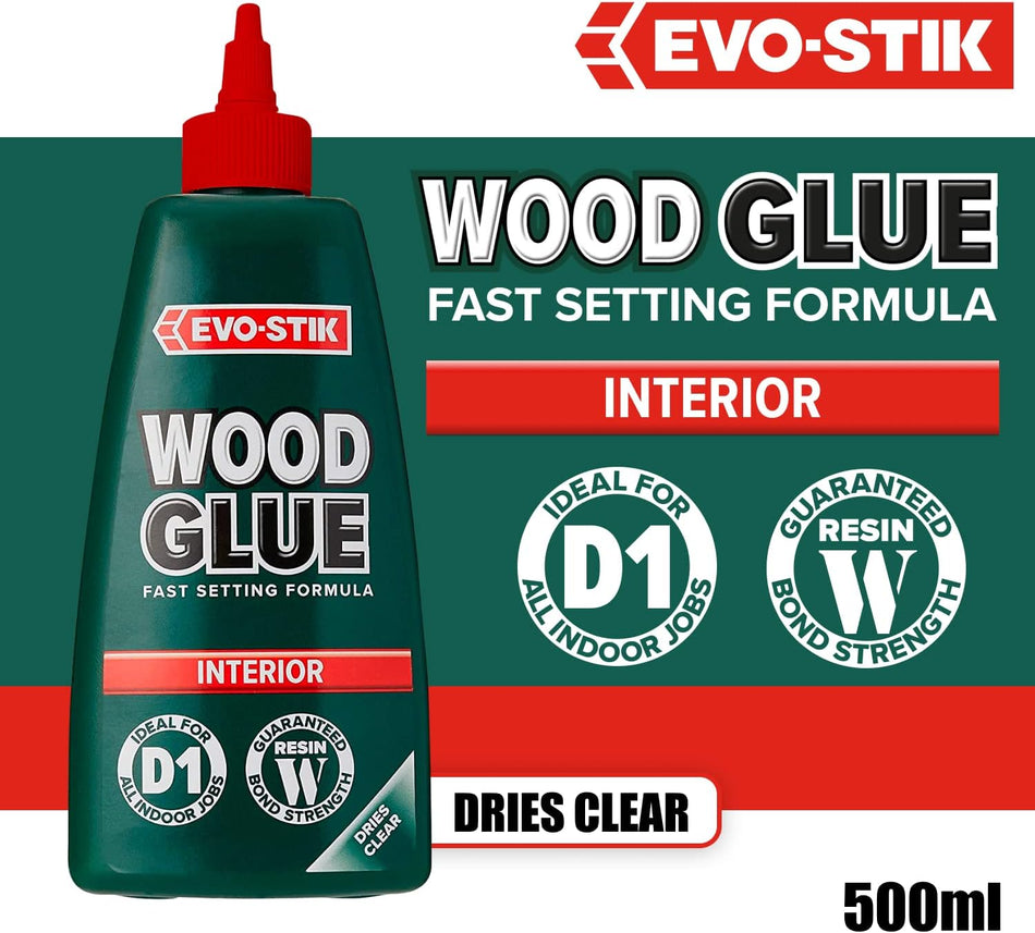 EVO-STIK Wood Glue - Interior, Extra Strong, Fast Setting, Suitable for All Wood Types, Dries Clear, 500ml