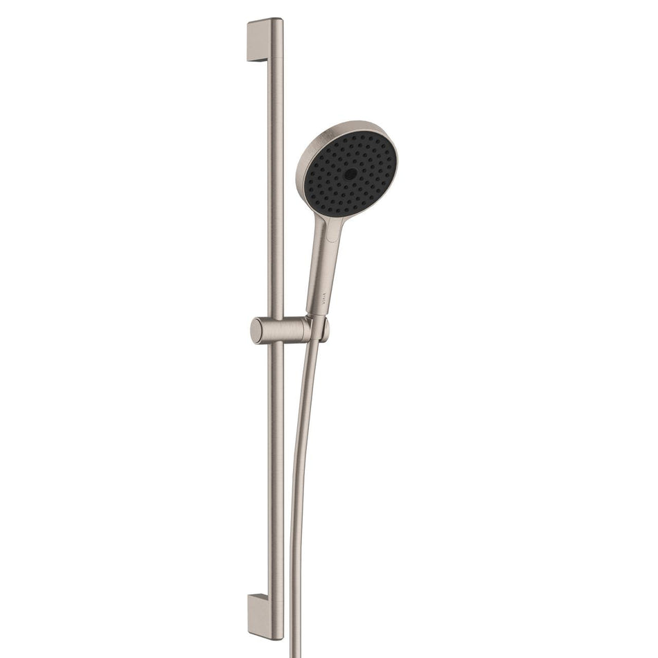 Brushed nickel round handshower and vertical rail kit with wall bracket