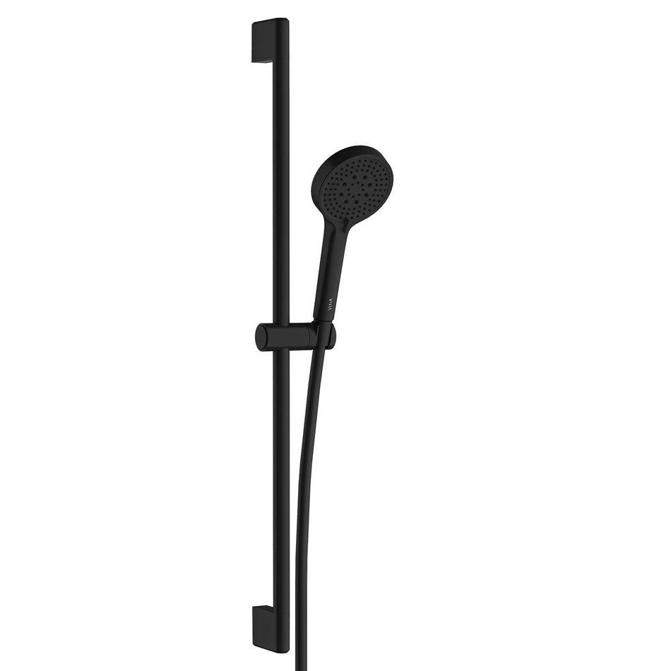 Matt black round handshower with wall rail and matching slide bar brackets