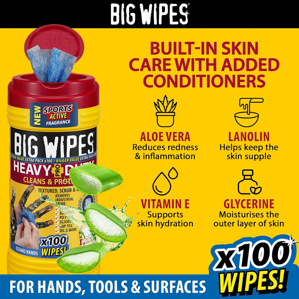 Heavy Duty Pro+ Wipes in Dispenser Tub (x100) Textured Dual-Sided Hand Wipes with Skincare Cleans Hands, Tools & Surfaces