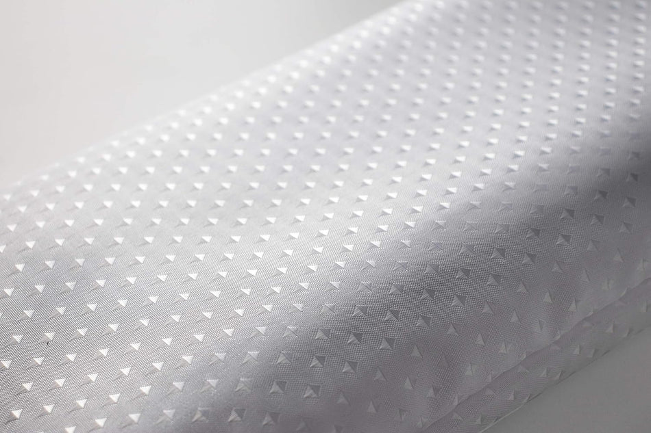 White shower curtain with subtle diamond texture, smooth fabric surface