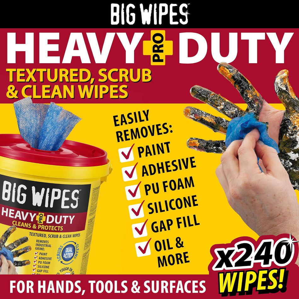 Big Wipes Heavy Duty Pro+ Wipes in Bucket (x240) Textured Dual-Sided Hand Wipes with Skincare Cleans Hands, Tools & Surfaces