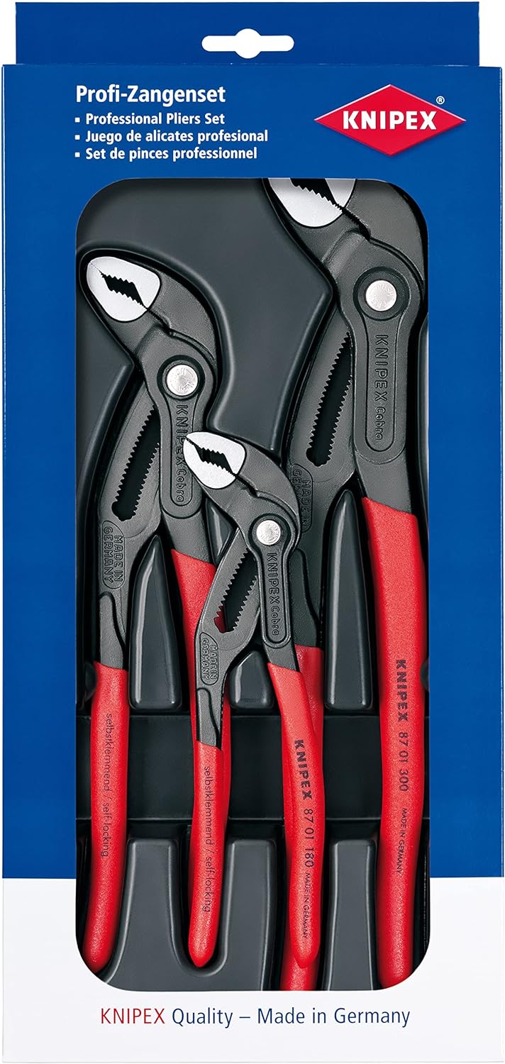 KNIPEX Cobra Set Water Pump Pliers Set, 3 Parts, 150 to 300 mm, Self-Locking Effect, Tool Set, Pipe Wrench Set, 00 20 09 V02