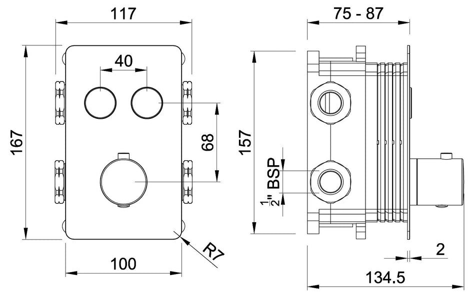 Technical diagram of gunmetal concealed shower control with two push buttons