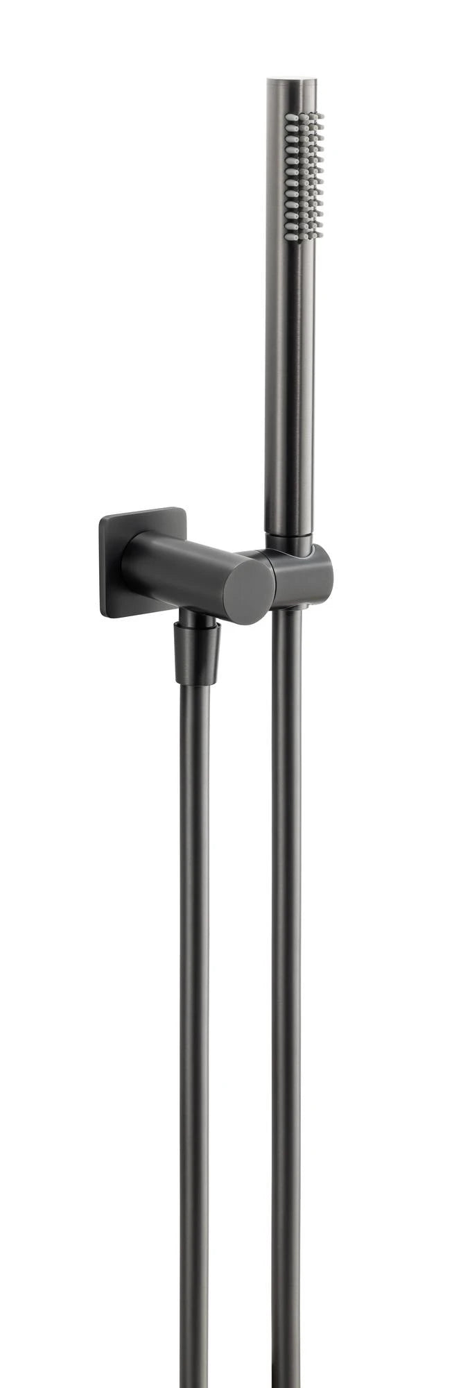 Gunmetal hand shower set with wall bracket and vertical hose, handheld shower head