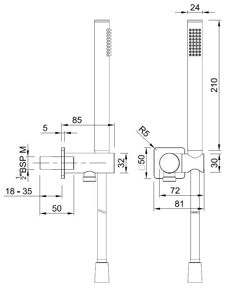 Gunmetal hand shower set diagram with control valve, hose, and square shower head