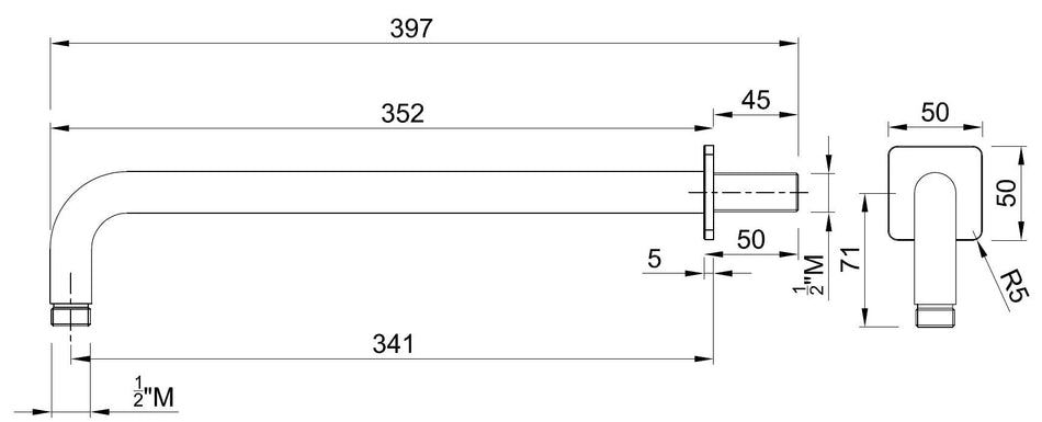Wall shower arm technical drawing with key dimensions and thread size