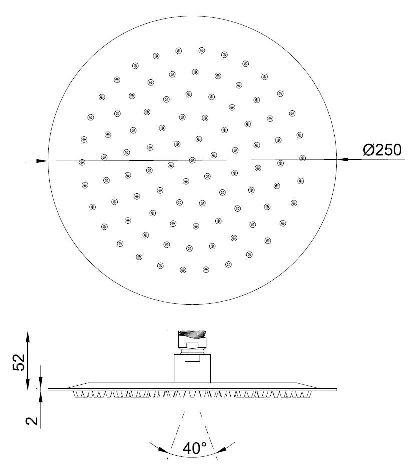 Abode Uno round gunmetal shower head, 250mm diameter, with 40° spray angle.