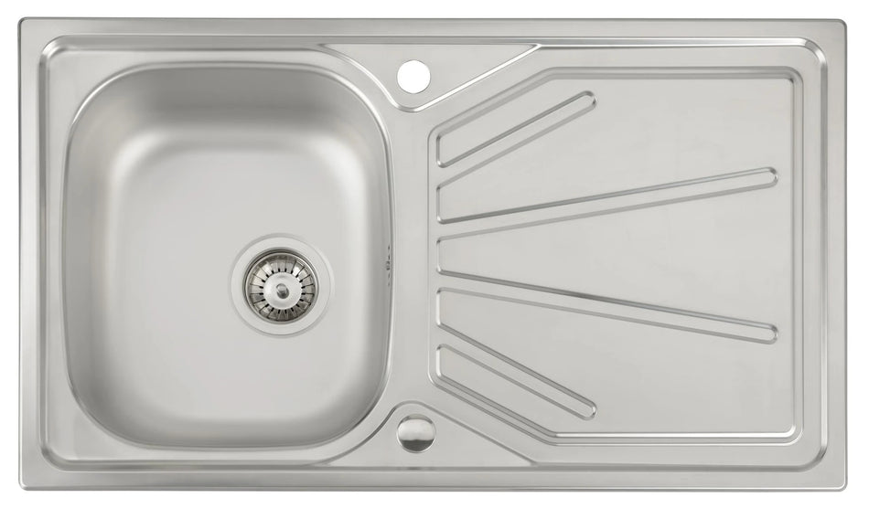 Stainless steel inset kitchen sink with single bowl and draining board