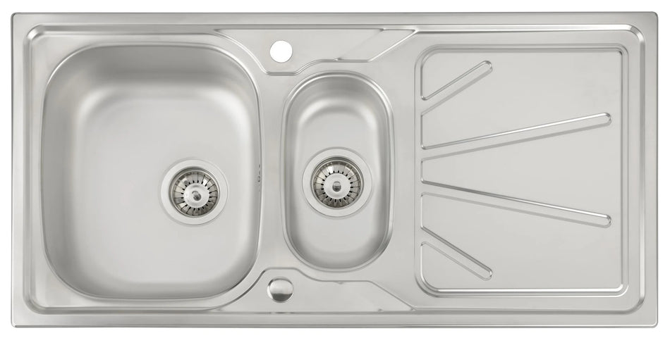Stainless steel double-bowl inset sink with central round drain and right draining board