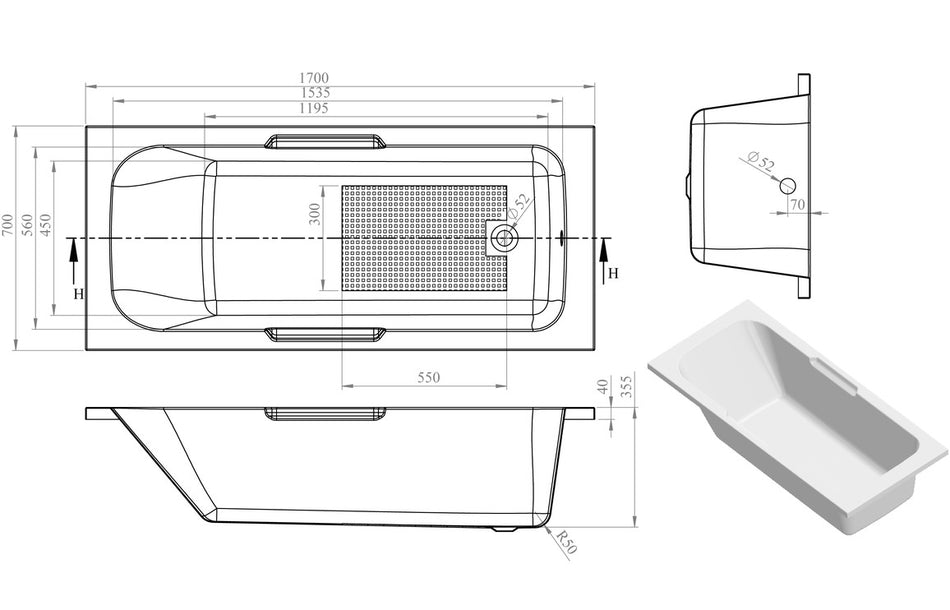 Beltimore Gripped SUPERCAST 1700x700x550mm 0TH Bath w/Legs